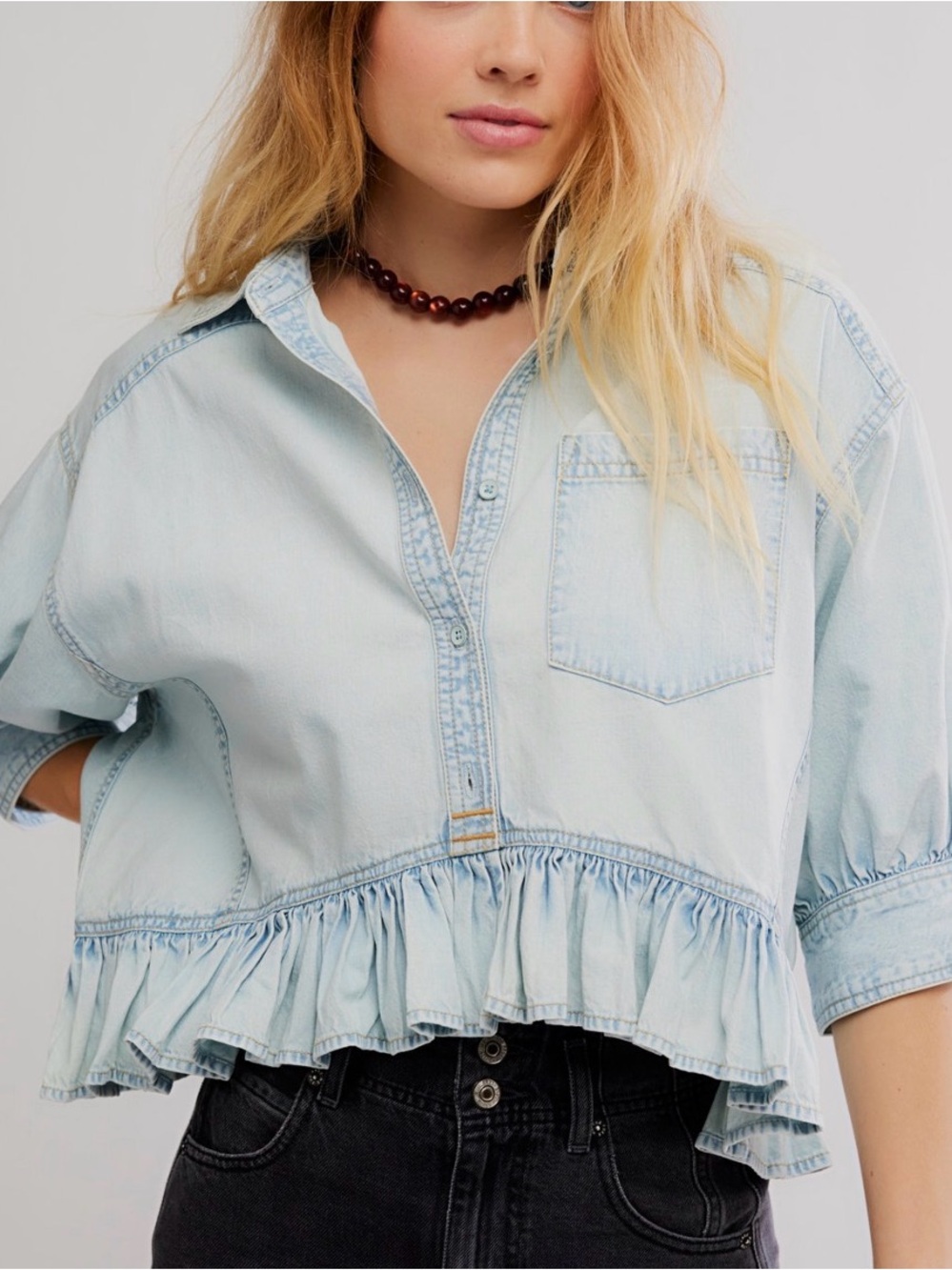 Free People Pale Blue Ruffle-Hem Denim Button-Down